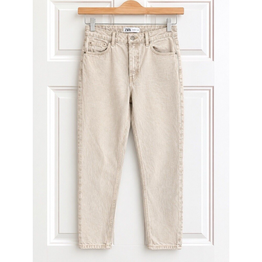 Zara High Rise Beige Mom Jeans Size 6 Straight Leg Neutral Y2K Minimalist